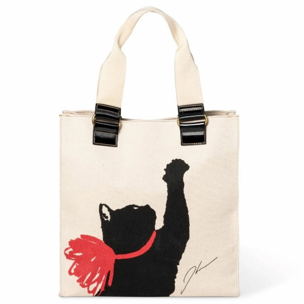 Jason Wu Canvas Tote Bag with Bold Black Cat Design - Cream, Red & Black
